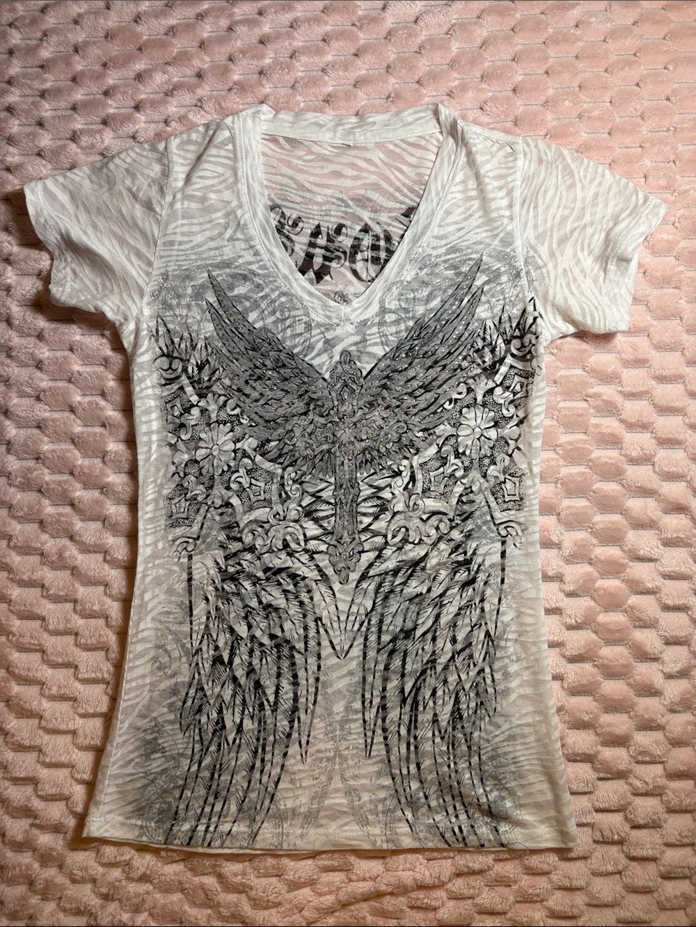 Y2K Grunge Rhinestone Graphic Wing V-Neck Shirt